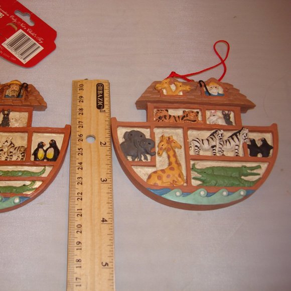 Noah's Ark Vintage 2 ornaments appear to be looking at Noah and animals in Ark - Picture 5 of 8